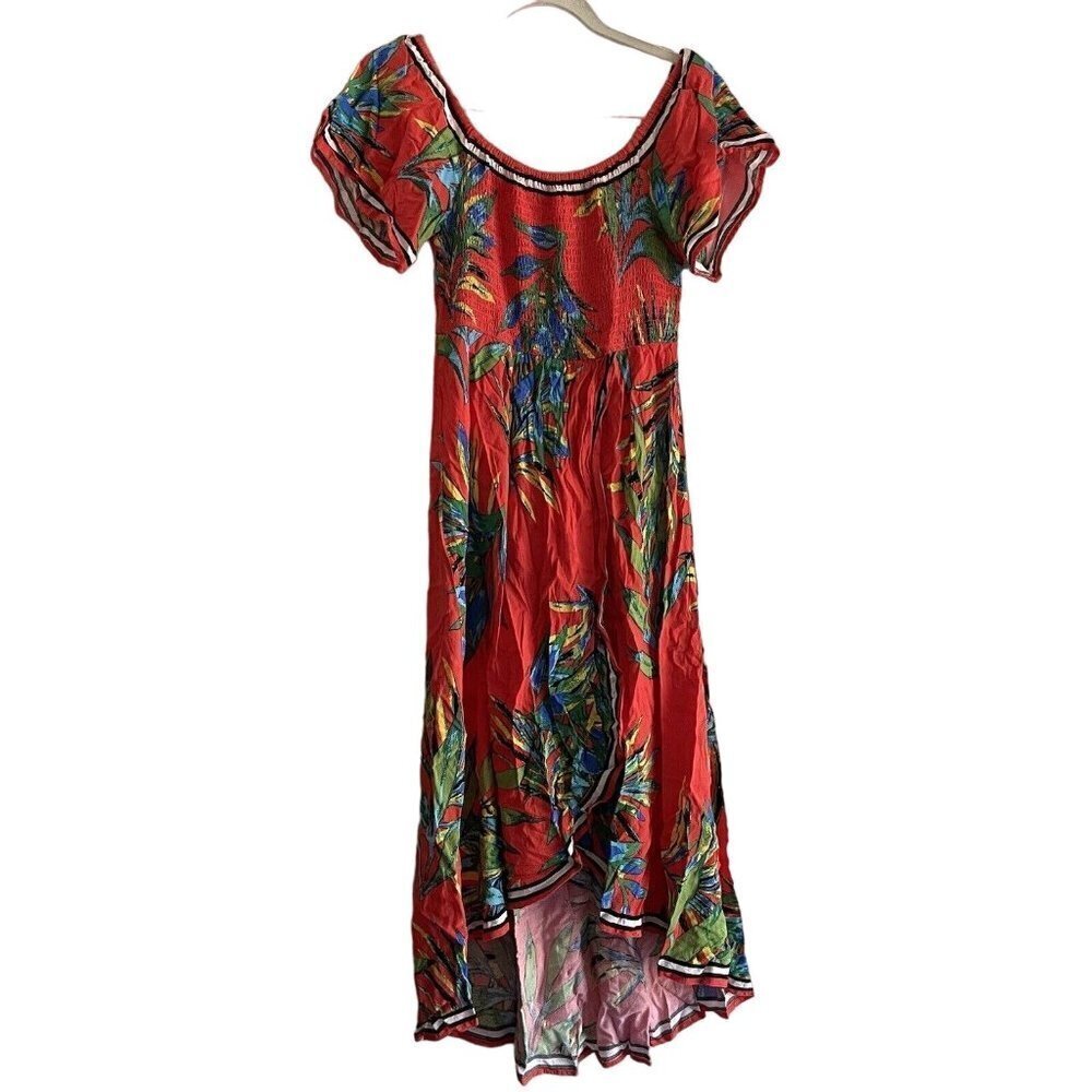 Jealous Tomato Women M Red Floral Smocked Off Shoulder Hi Low Front Slit Dress